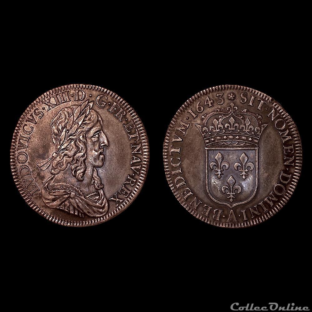 LOUIS XIII ½ écu 2e poinçon de Warin 1643 A (rose) monnaie france royale louis xiii ecu 2e poincon de warin 1643 a rose