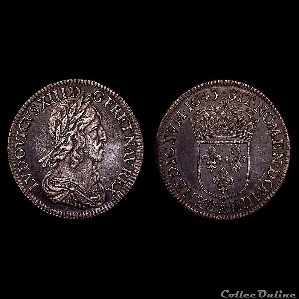 LOUIS XIII ¼ d'écu 2e poinçon de Warin 1643 A (point) monnaie france royale louis xiii ecu 2e poincon de warin 1643 a point