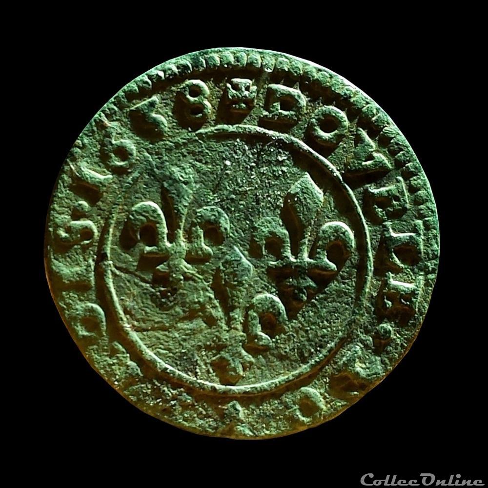 LOUIS XIII Double tournois 1638 ° ° 3 monnaie france royale louis xiii double tournois 1638