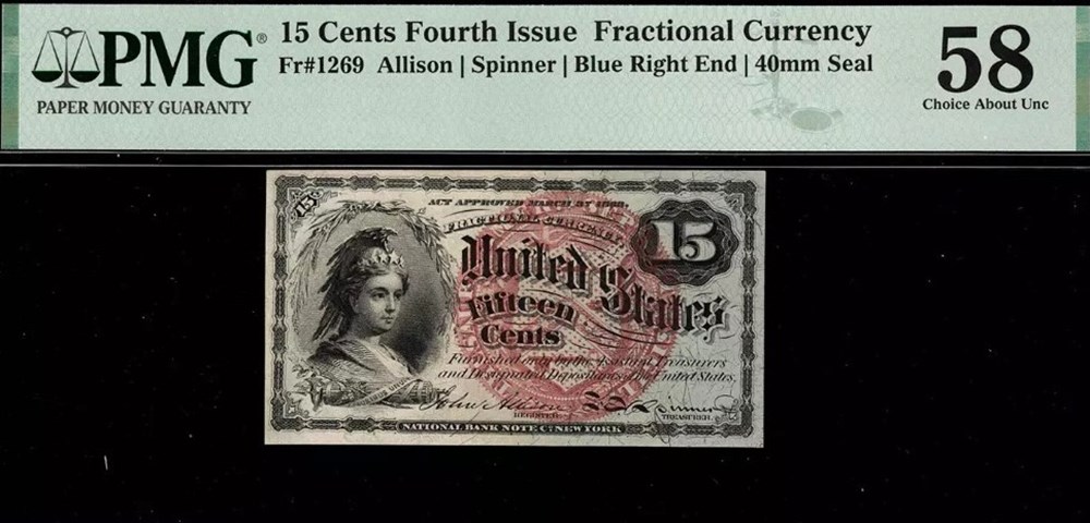 15 cent, 4th issue PMG58 banknotes north america united states of 15 cent 4th issue pmg58