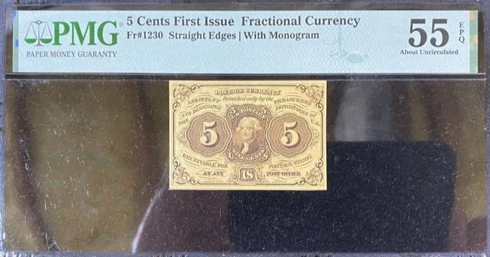 5 cent, 1st issue PMG55EPQ banknotes north america united states of 5 cent 1st issue pmg55epq