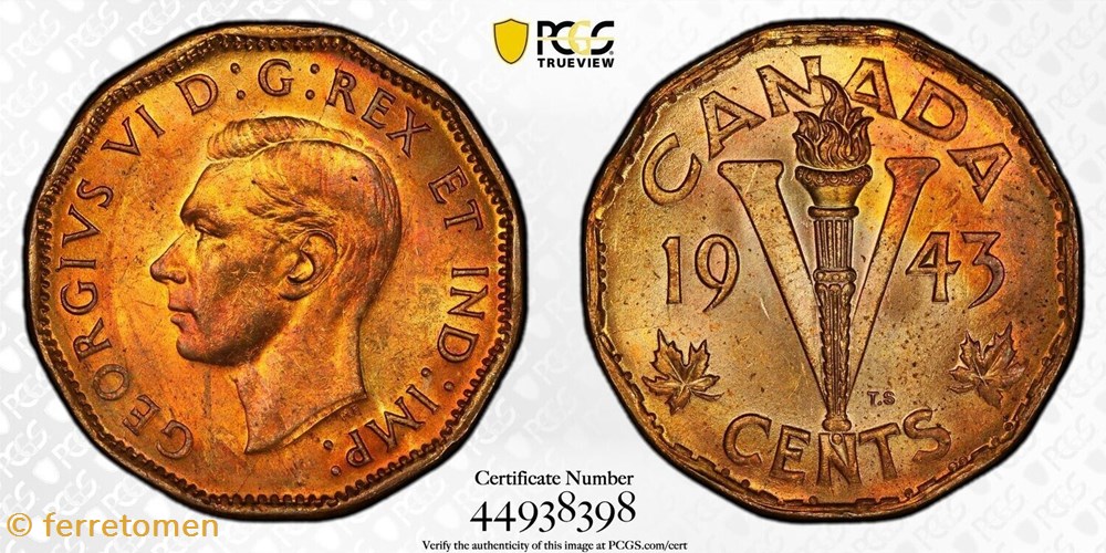 George VI Tombac MS63 | 1943 | 5 Cents Toned coins world canada george vi tombac ms63 1943 5 cents toned