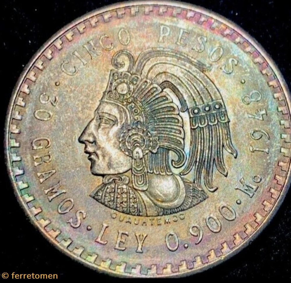 coins world mexico cuauhtemoc 5 peso 1948 toning