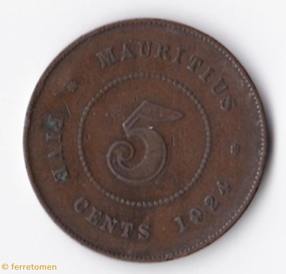 Colonial Mauritius | 1924 | 5 Cents | George V coins world colonial mauritius 1924 5 cents george v