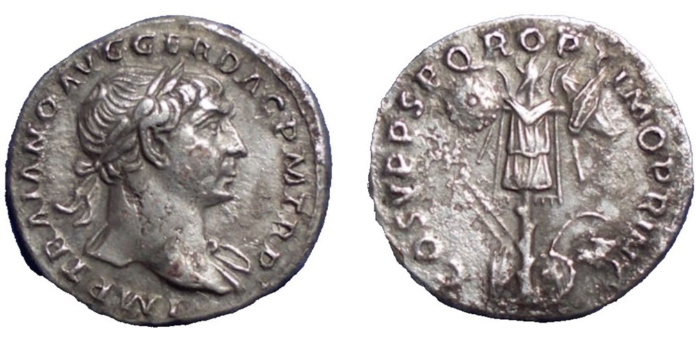 Trajan | 98-177 CE | Laureate/Optimo Princ Trophy coins ancient to romans imperial and republican trajan 98 177 ce laureate optimo princ trophy