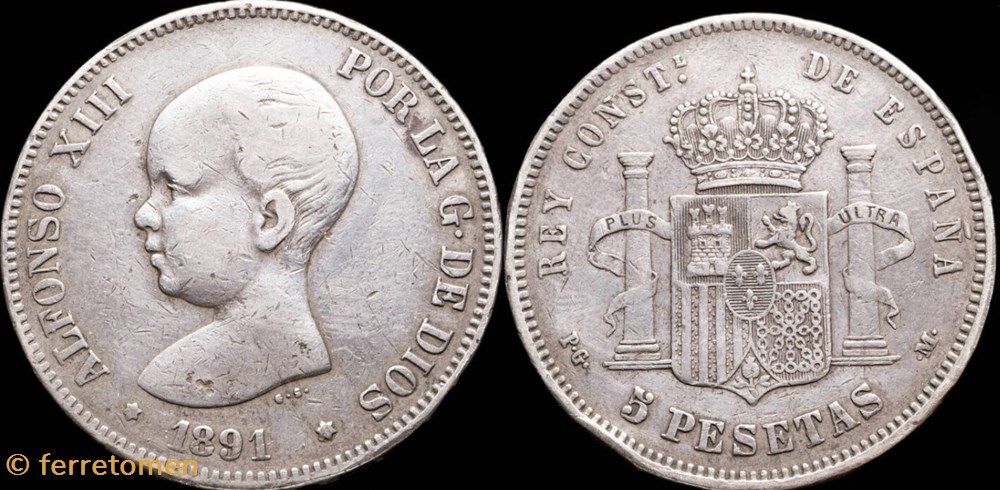Alfonso XIII | 1891 | 5 Pesetas coins world spain alfonso xiii 1891 5 pesetas