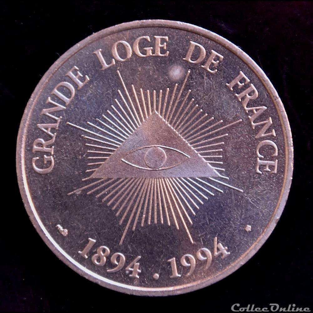 JETON MAÇONNIQUE COMMÉMORATIF DE LA "GRANDE LOGE DE FRANCE" G.L.D.F 1894-1994 - R.E.A.A medaille professionnel societe jeton maconnique commemoratif de la grande loge de france g l d f 1894 1994 r e a a