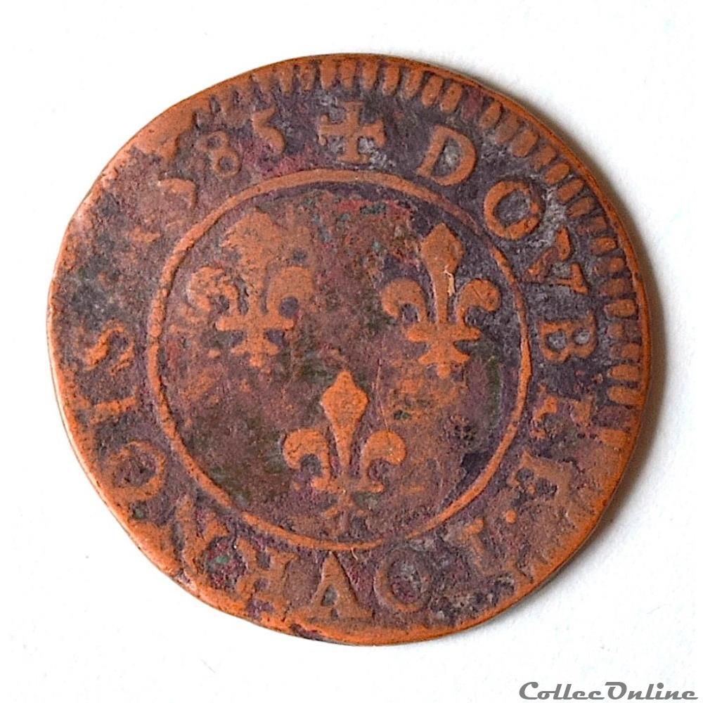 Henri III (1574 - 1589) Double tournois, 1er type de Paris de 1585 monnaie france royale henri iii 1574 1589 double tournois 1er type de paris de 1585