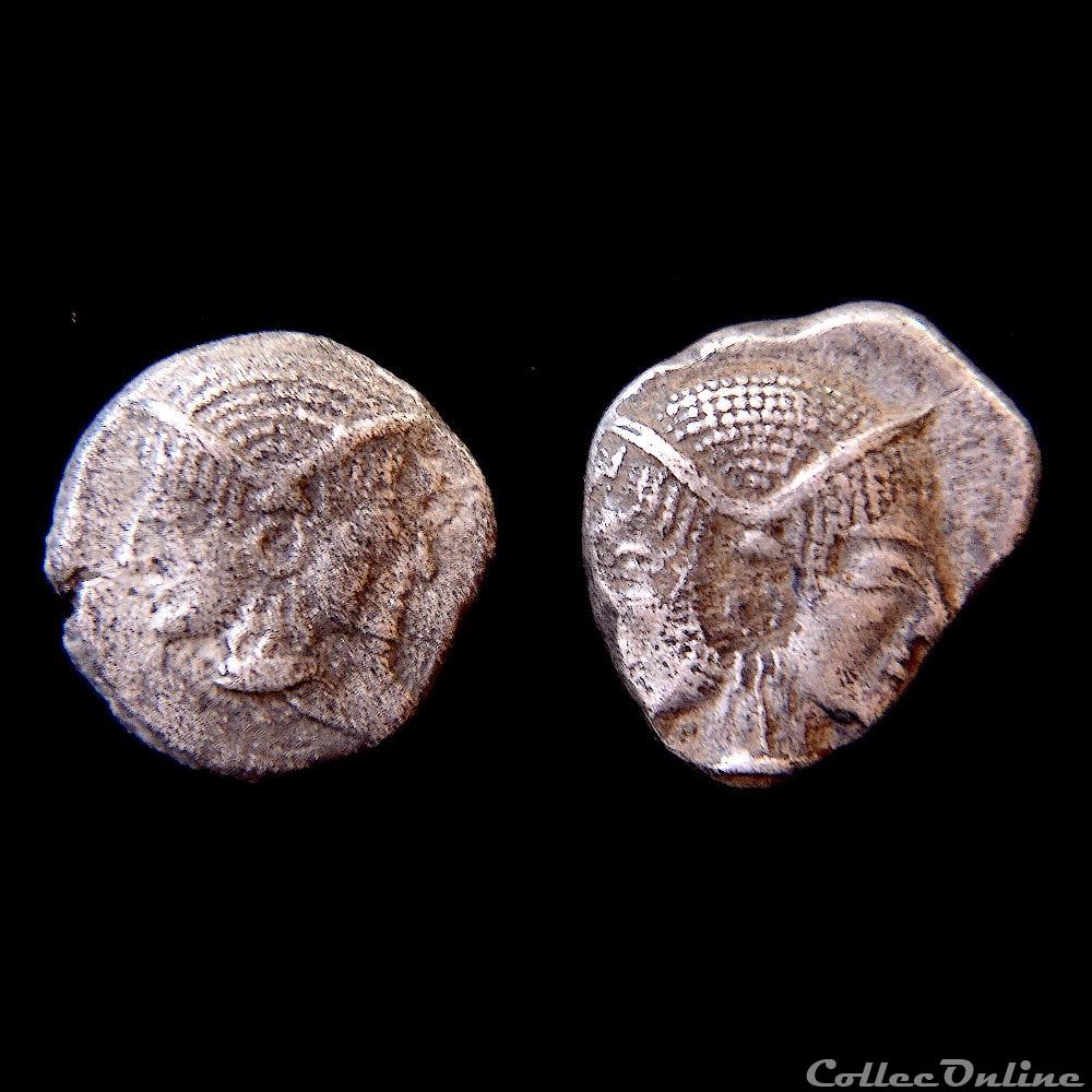 Mysia Lampsakos Obole & Diobole Janus Athena (500-470 av.jc.) monnaie antique grecque mysia lampsakos obole diobole janus athena 500 470 av jc