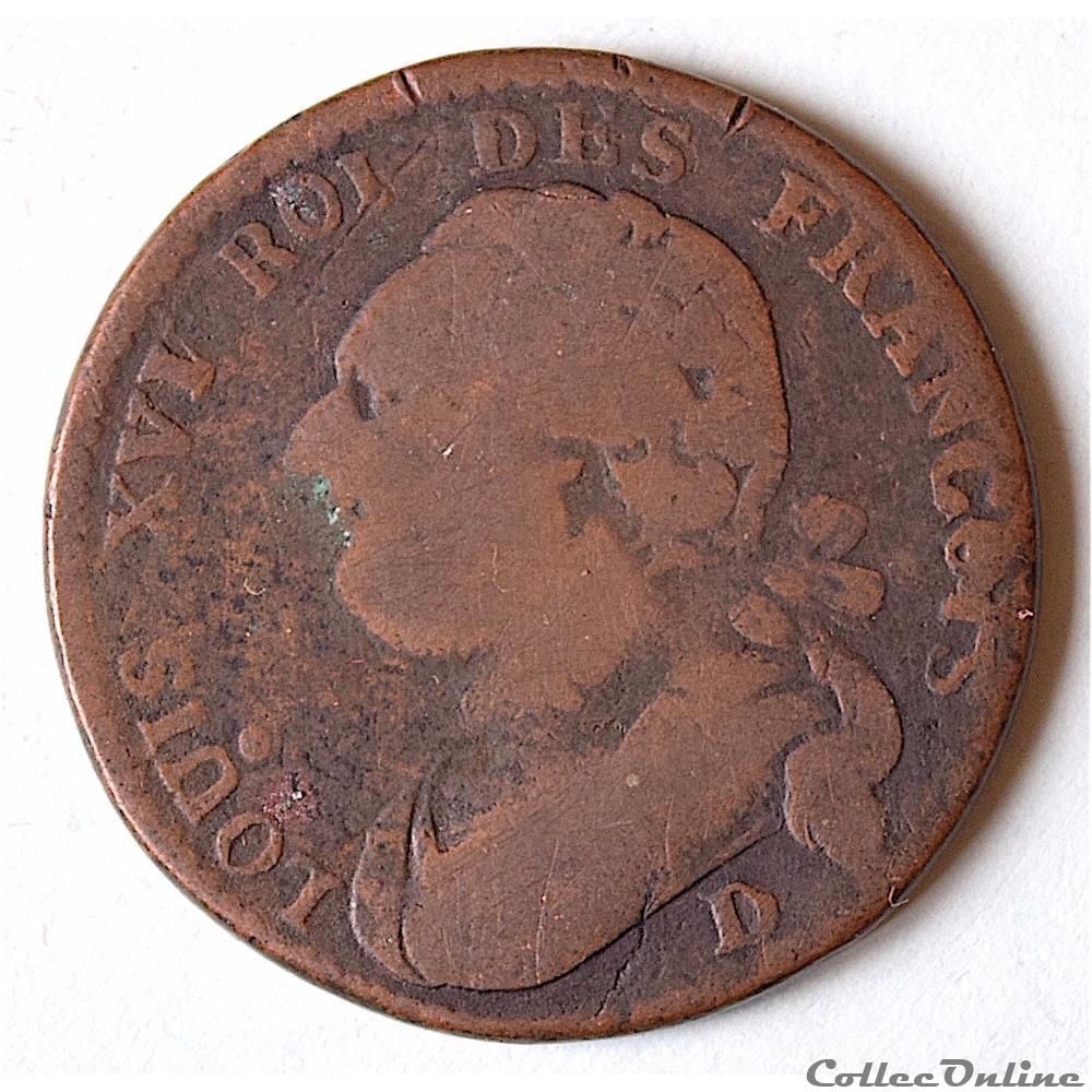 LOUIS XVI (1774 - 1791) 12 deniers type FRANCOIS 1792 D (Lyon) monnaie france royale louis xvi 1774 1791 12 deniers type francois 1792 d lyon