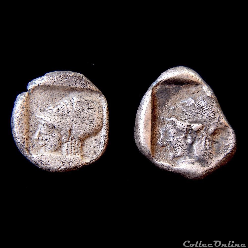 Mysia Lampsakos Obole & Diobole Janus Athena (500-470 av.jc.) 2 monnaie antique grecque mysia lampsakos obole diobole janus athena 500 470 av jc