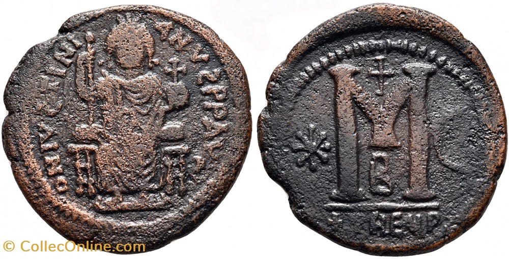 monnaies byzantines empire d anastase maurice tibere justinien follis emis a antioche avec empereur sur le trone 532 537 sear 214