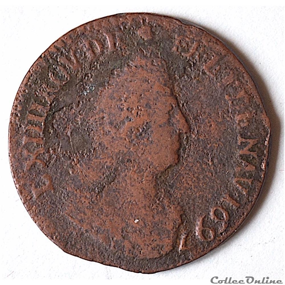 Louis XIV, Liard De France au buste âgé 1697 Lille Gadoury 81 monnaie royale louis xiv liard de france au buste age 1697 lille gadoury 81