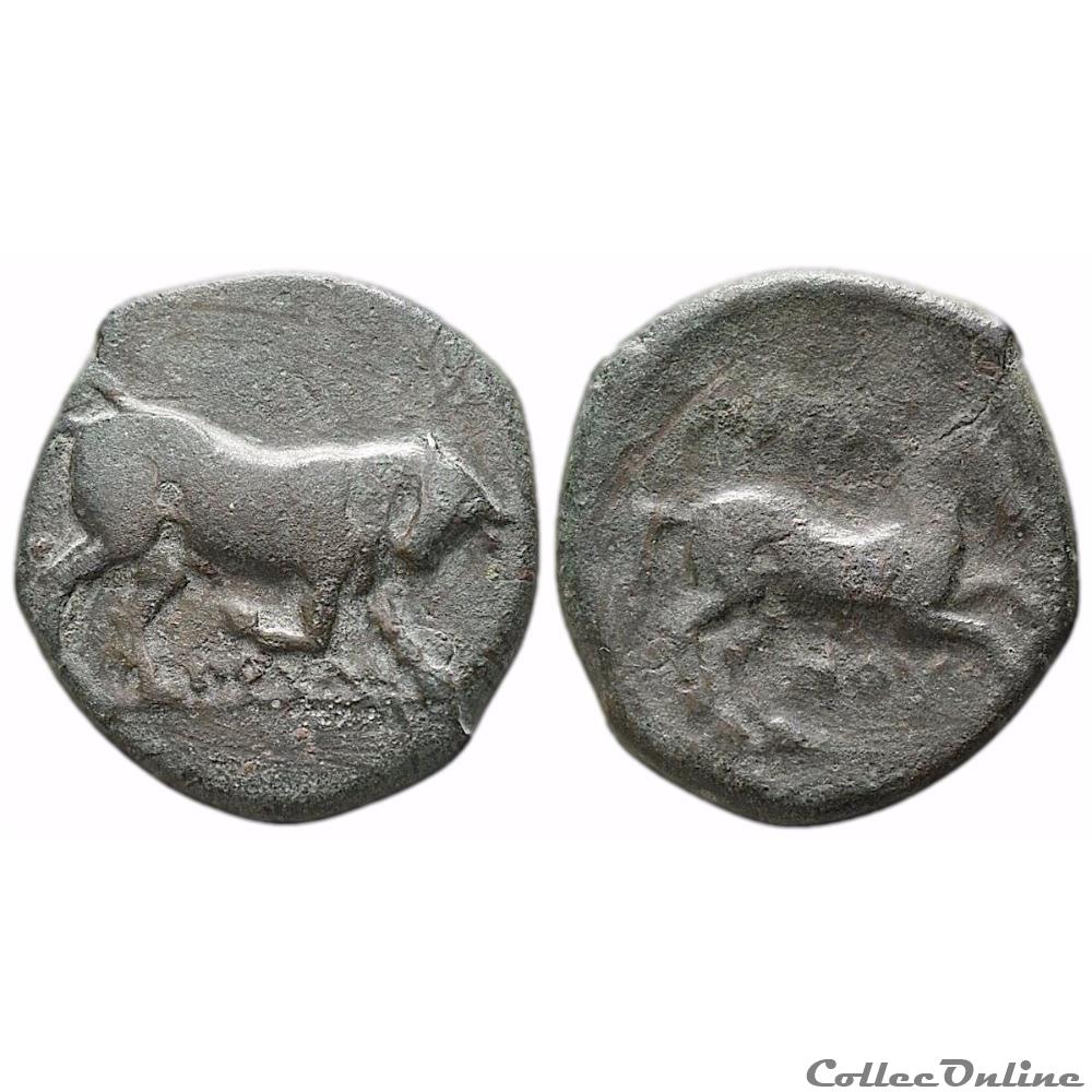 Apulia Arpi , Unité de Bronze au Taureau et au Cheval (3ème siècle av. jc) monnaie antique grecque apulia arpi unite de bronze au taureau et au cheval 3eme siecle av jc