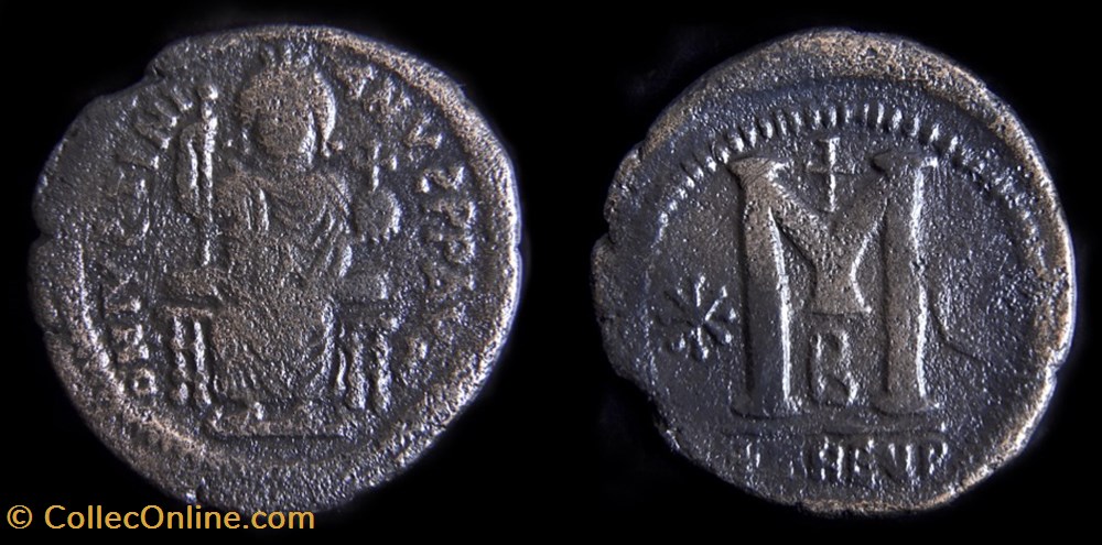 monnaies byzantines empire d anastase maurice tibere justinien follis emis a antioche avec empereur sur le trone 532 537 sear 214