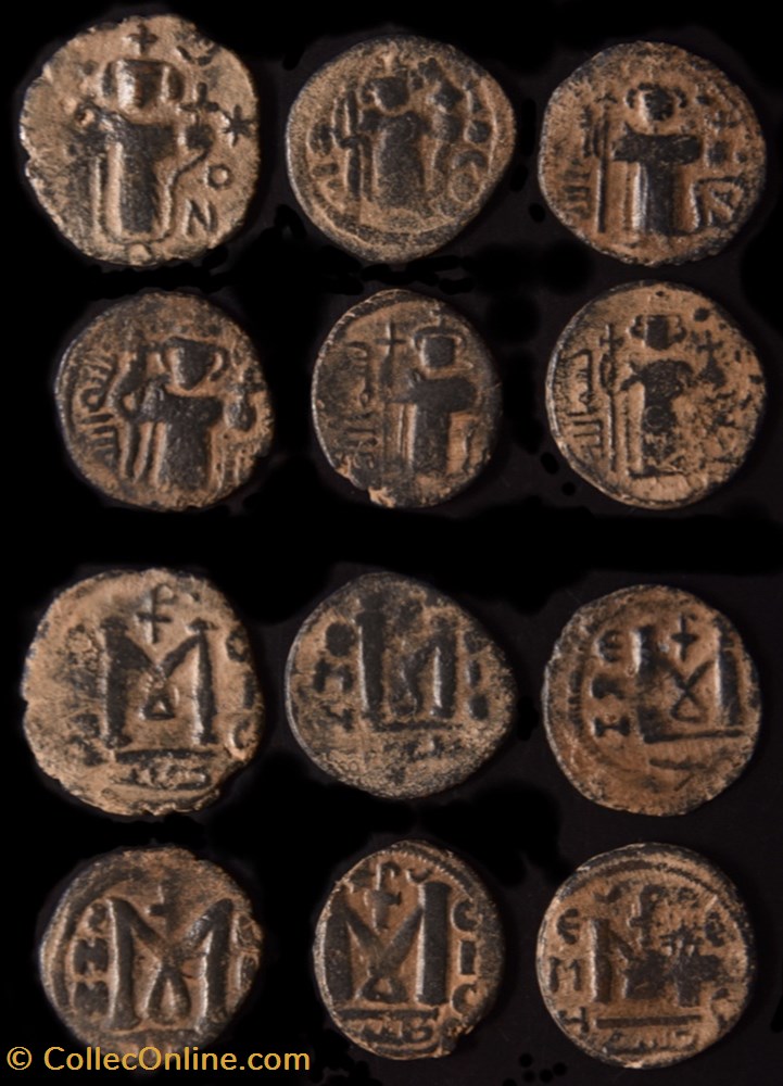Califat MU' AWIYA, 6 fals de la 1ère Série en 2 langues - l'Empereur Debout 660-680 AD. Homs (Emesa) monnaie antique av jc ap islamique califat m awiya 6 fals de la 1ere serie en 2 langues empereur debout 660 680 ad homs emesa