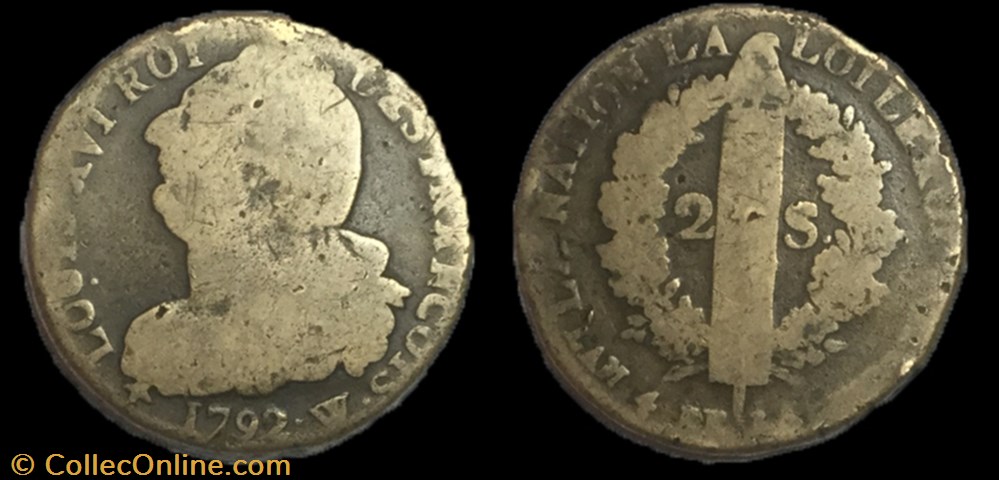 2 sols dit au faisceau 1792 W. monnaie france moderne 2 sols dit au faisceau 1792 w