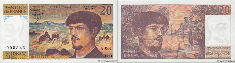 20 Francs DEBUSSY Petit numéro FRANCE 1980 F.66.01A1 Alphabet-Série : A.001 n°000343 billets europe 20 francs debussy petit numero france 1980 f 66 01a1 alphabet serie a 001 n 000343