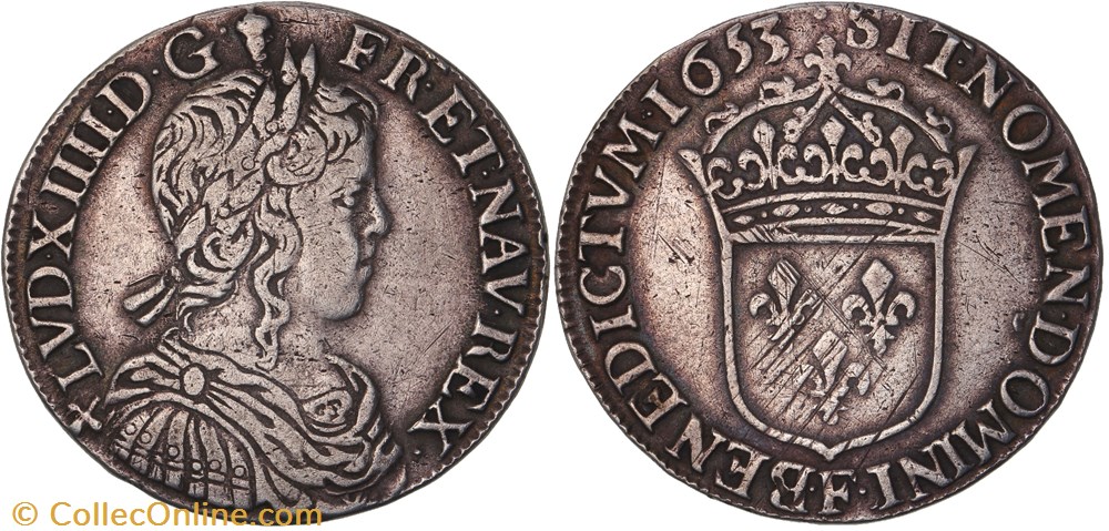 Demi-écu à la mèche longue 1653 Angers LOUIS XIV LE GRAND OU LE ROI SOLEIL monnaie france royale demi ecu a la meche longue 1653 angers louis xiv le grand ou le roi soleil