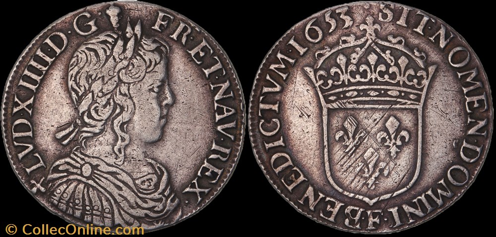 Demi-écu à la mèche longue 1653 Angers LOUIS XIV LE GRAND OU LE ROI SOLEIL monnaie france royale demi ecu a la meche longue 1653 angers louis xiv le grand ou le roi soleil