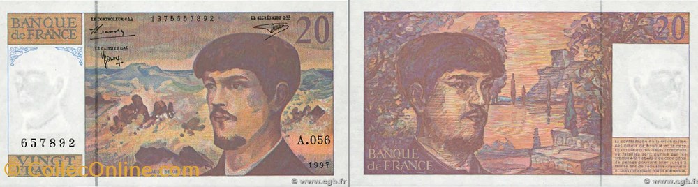 20 Francs DEBUSSY Modifié FRANCE 1997 F.66ter.02A56 Alphabet-Série : A.056 n°657892 billets europe 20 francs debussy modifie france 1997 f 66ter 02a56 alphabet serie a 056 n 657892
