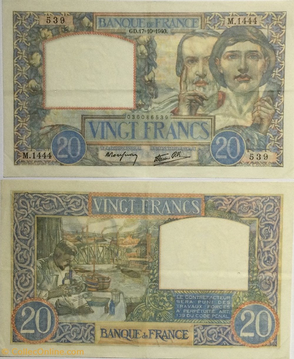 20 Francs TRAVAIL ET SCIENCE FRANCE 1940 billets euros 20 francs travail et science france 1940