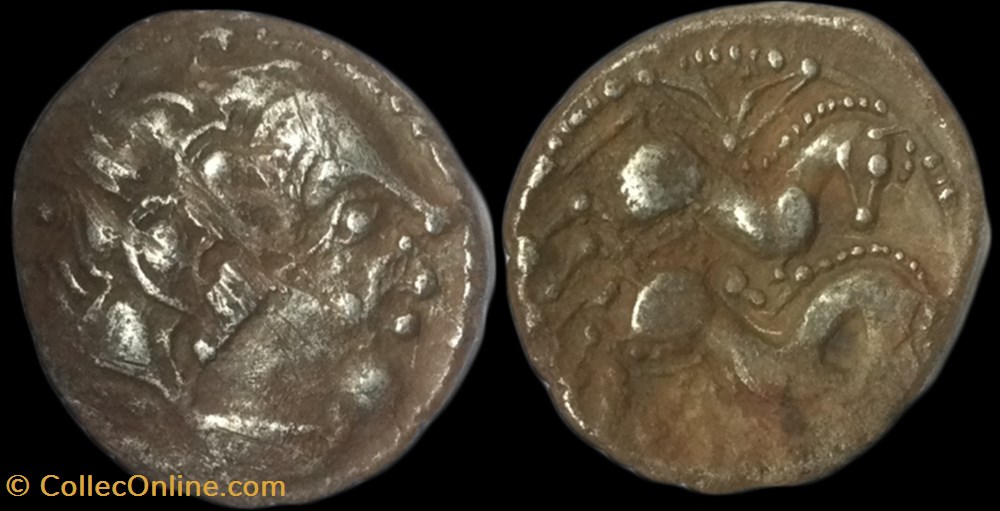 PICTONS / BITURIGES / CARNUTES - CENTRE-OUEST, Incertaines Drachme aux deux chevaux, tête moustachue monnaies antiques av jc ap celtes pictons bituriges carnutes centre ouest incertaines drachme aux deux chevaux tete moustachue