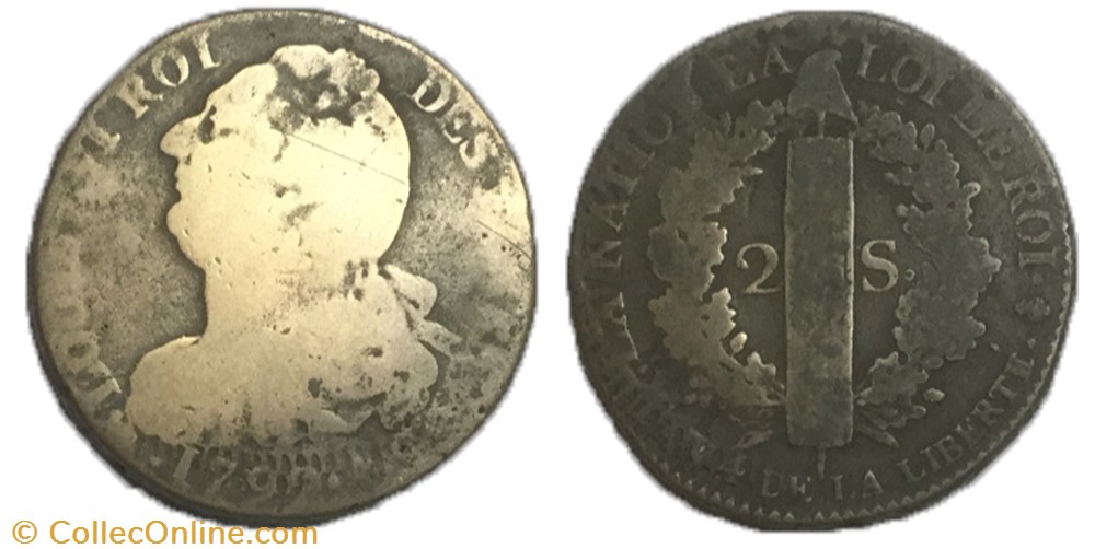 2 sols dit au faisceau 1792 .A. incuse partiel monnaie france moderne 2 sols dit au faisceau 1792 a incuse partiel