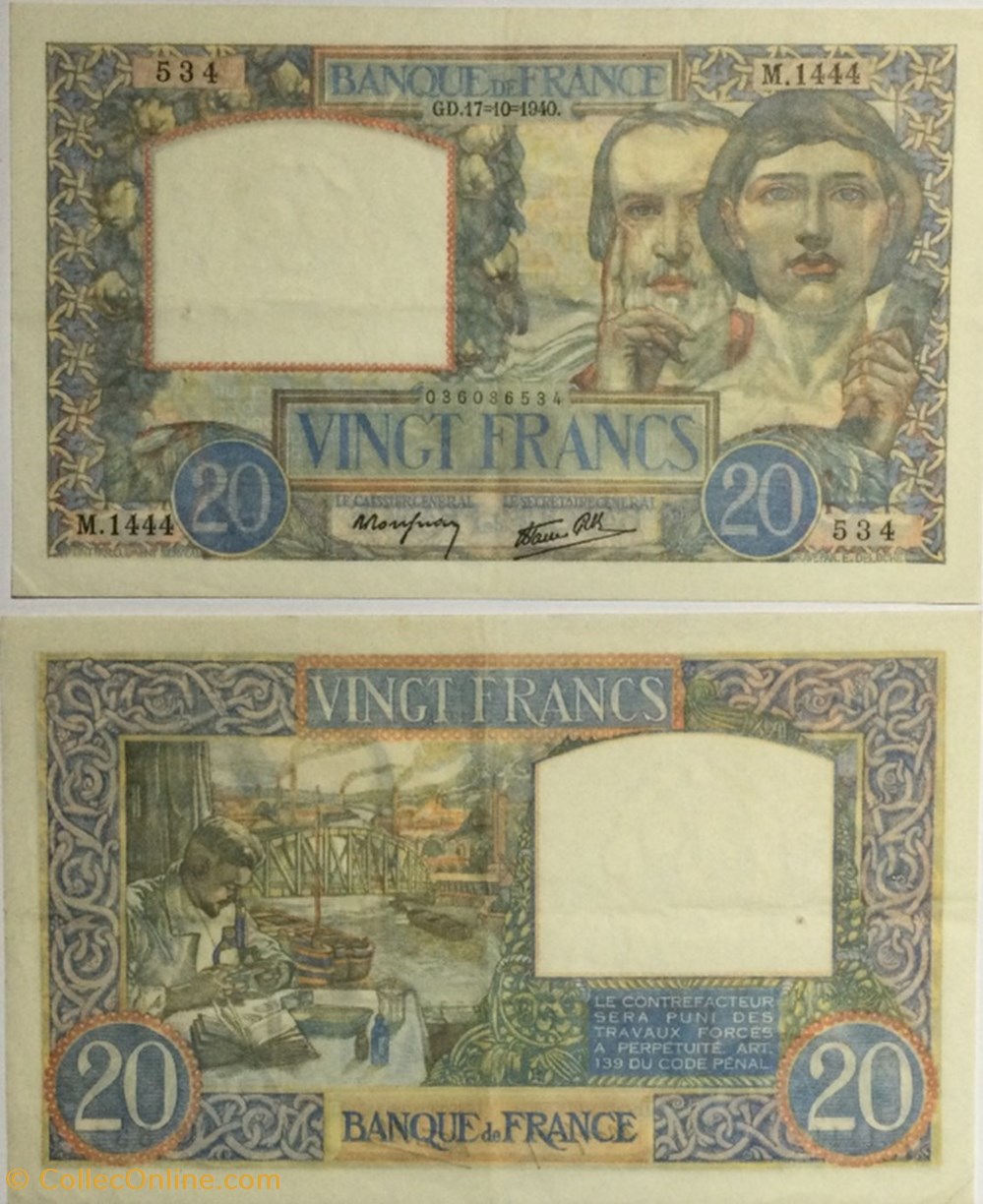 20 Francs TRAVAIL ET SCIENCE FRANCE 1940 F.12.09 billets euros 20 francs travail et science france 1940 f 12 09