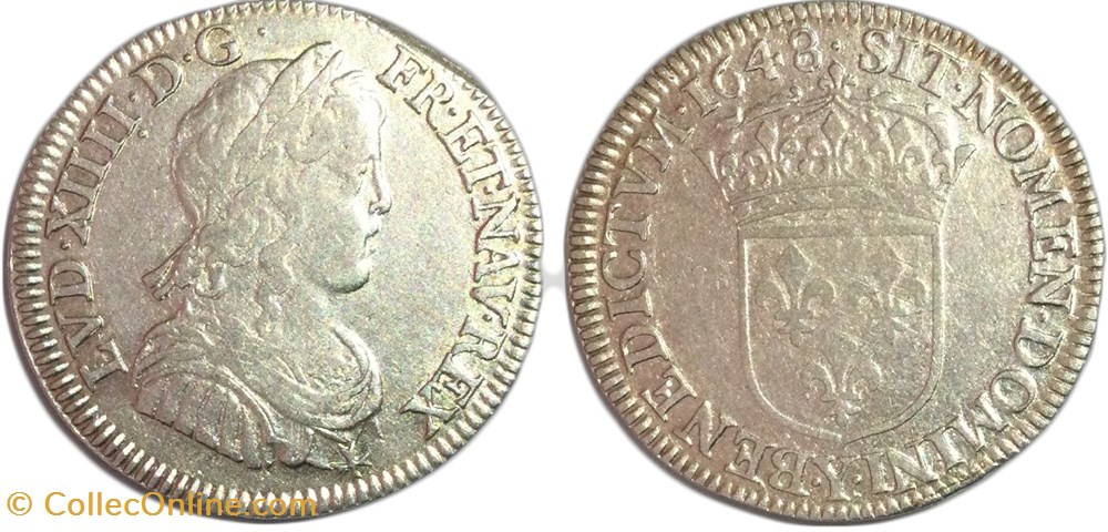 LOUIS XIV LE GRAND OU LE ROI SOLEIL Quart d'écu à la mèche longue 1648 Bourges monnaies europe medievale france royales louis xiv le grand ou le roi soleil quart ecu a la meche longue 1648 bourges