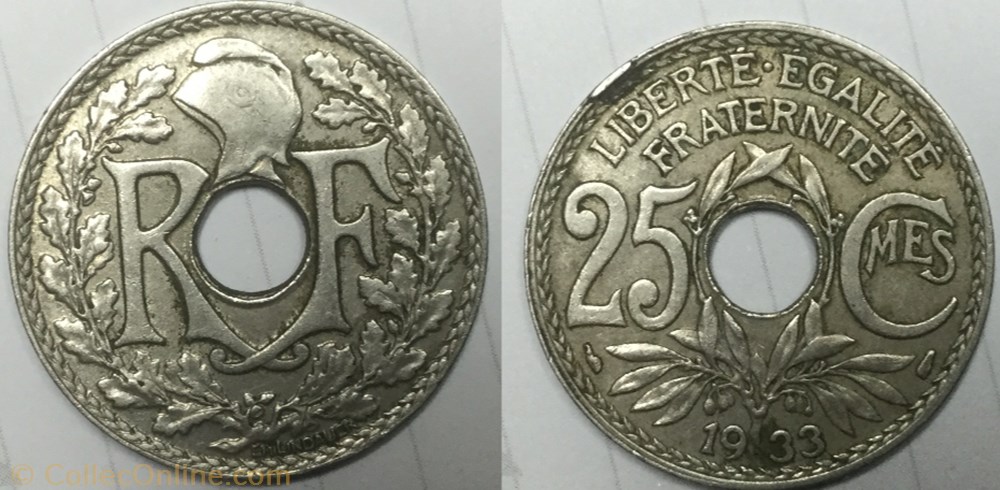 monnaie france moderne 25 centimes lindauer 1933 virole casser