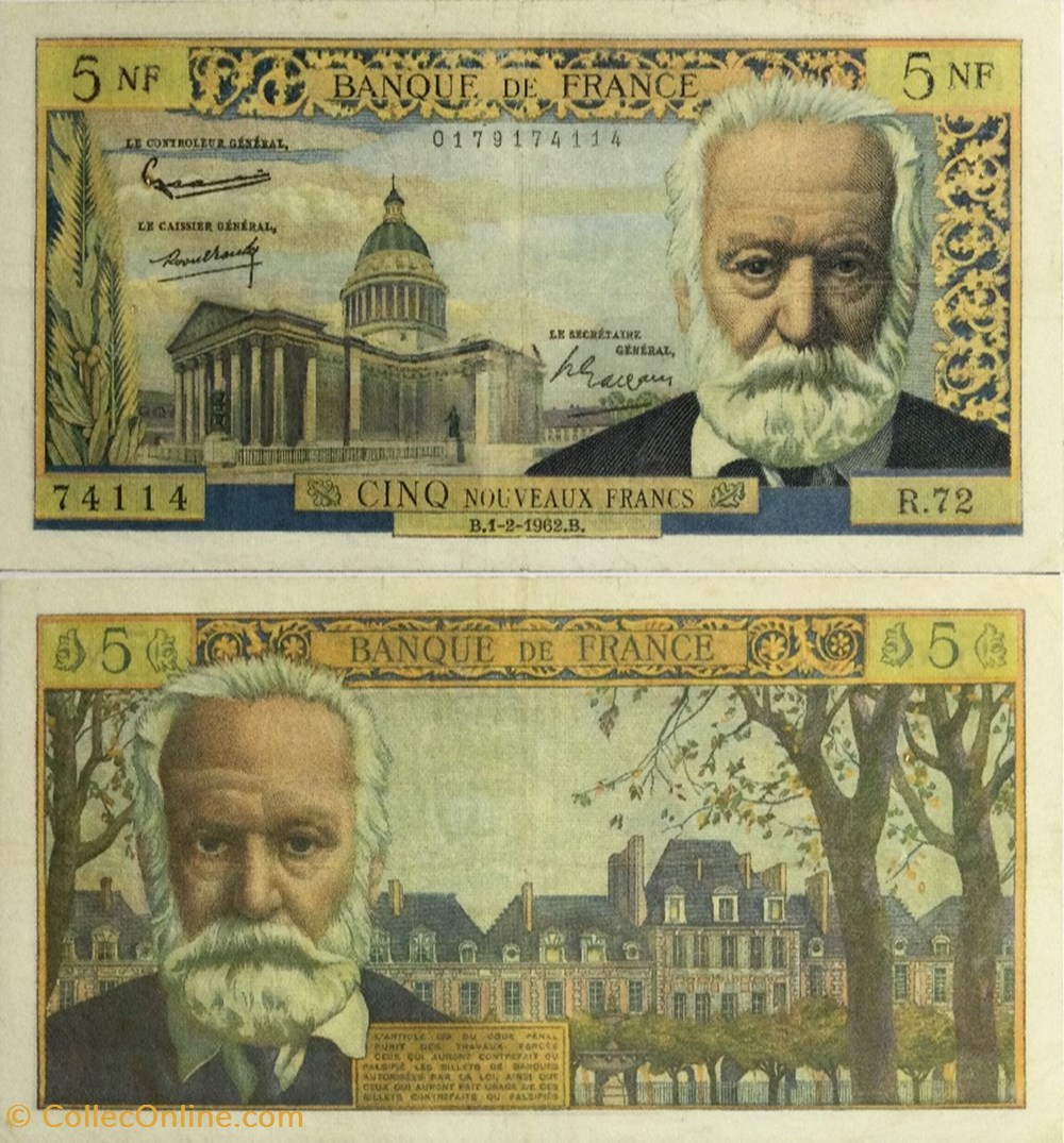 5 Nouveaux Francs VICTOR HUGO FRANCE 1962 F.56.10 billets euros 5 nouveaux francs victor hugo france 1962 f 56 10