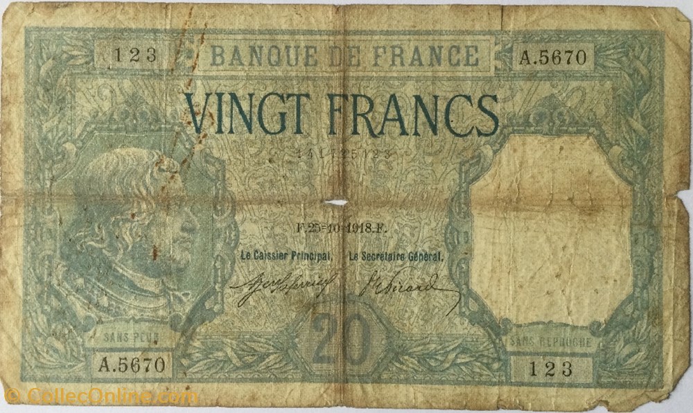 20 Francs BAYARD FRANCE 1918 F.11.03 billets euros 20 francs bayard france 1918 f 11 03