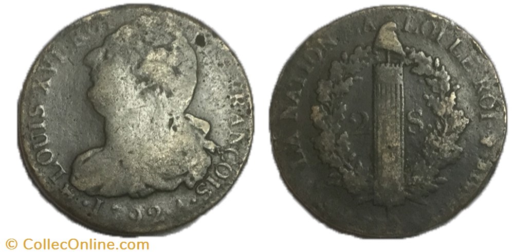 2 sols dit "au faisceau" 1792 .A. monnaie france moderne 2 sols dit au faisceau 1792 a