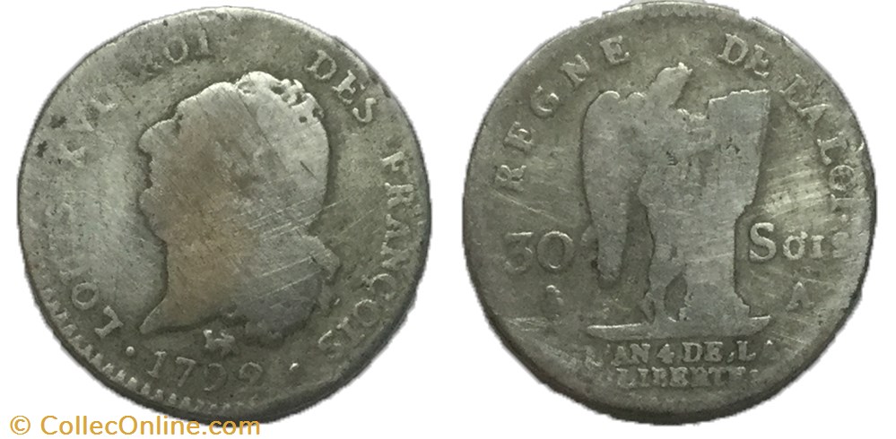 30 sols dit au génie Louis XVI 1792 A monnaie france moderne 30 sols dit au genie louis xvi 1792 a