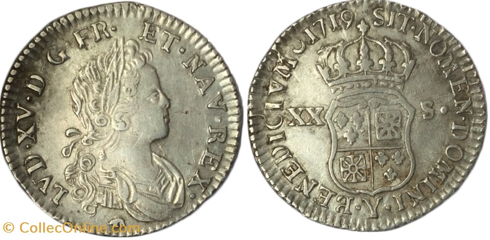 LOUIS XV DIT LE BIEN AIMÉ XX sols de Navarre 1719 Bourges monnaies europe medievale france royales louis xv dit le bien aime xx sols de navarre 1719 bourges