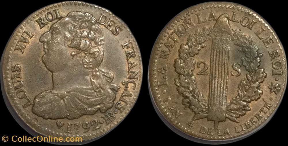 LOUIS XVI (MONARQUE CONSTITUTIONNEL) 2 sols dit "au faisceau", type FRANÇAIS 1792 Strasbourg monnaies europe medievale france royales louis xvi monarque constitutionnel 2 sols dit au faisceau type francais 1792 strasbourg