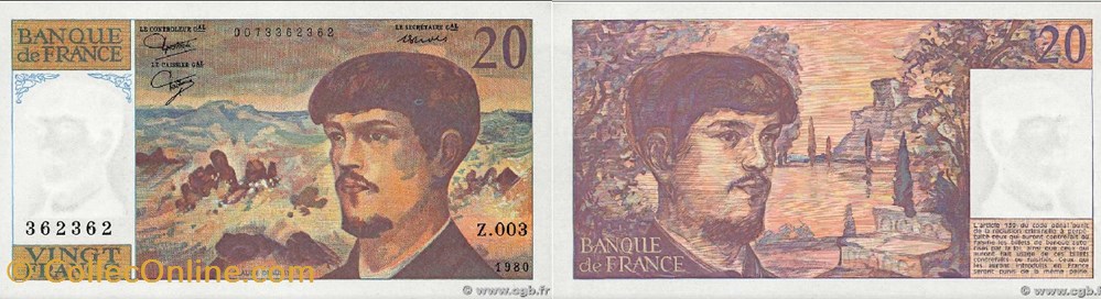 20 Francs DEBUSSY Numéro spécial FRANCE 1980 F.66.01 Alphabet-Série : Z.003 n°362362 billets europe 20 francs debussy numero special france 1980 f 66 01 alphabet serie z 003 n 362362