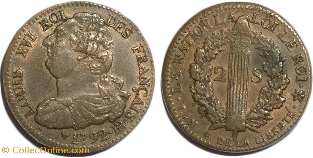 LOUIS XVI (MONARQUE CONSTITUTIONNEL) 2 sols dit "au faisceau", type FRANÇAIS 1792 Strasbourg monnaies europe medievale france royales louis xvi monarque constitutionnel 2 sols dit au faisceau type francais 1792 strasbourg