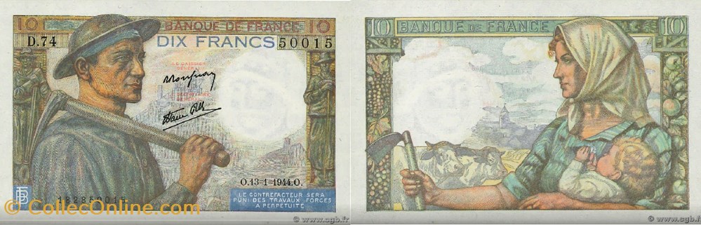10 Francs MINEUR FRANCE 1944 F.08.10 billets europe 10 francs mineur france 1944 f 08 10
