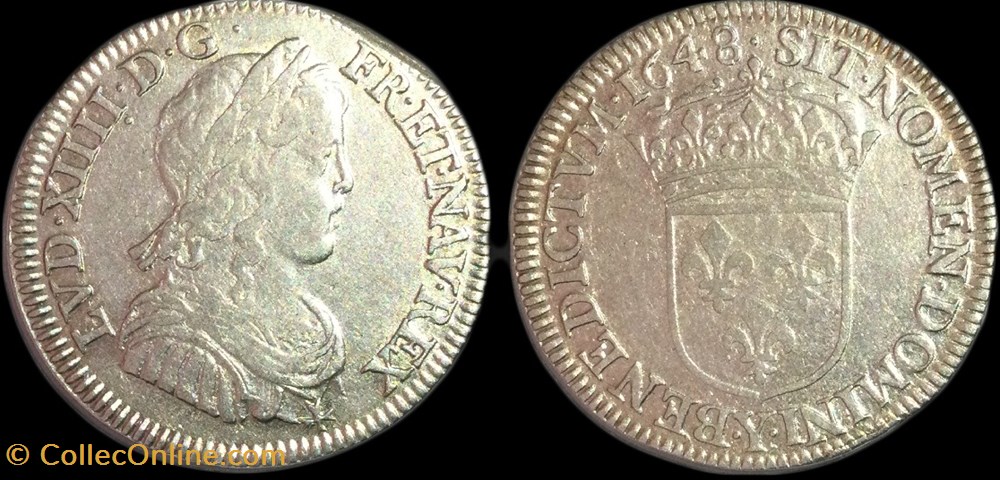 LOUIS XIV LE GRAND OU LE ROI SOLEIL Quart d'écu à la mèche longue 1648 Bourges monnaies europe medievale france royales louis xiv le grand ou le roi soleil quart ecu a la meche longue 1648 bourges