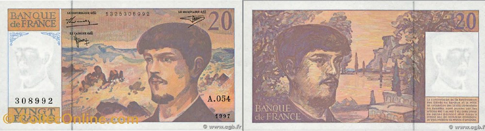 20 Francs DEBUSSY Modifié FRANCE 1997 F.66ter.02A54 Alphabet-Série : A.054 n°308992 billets europe 20 francs debussy modifie france 1997 f 66ter 02a54 alphabet serie a 054 n 308992