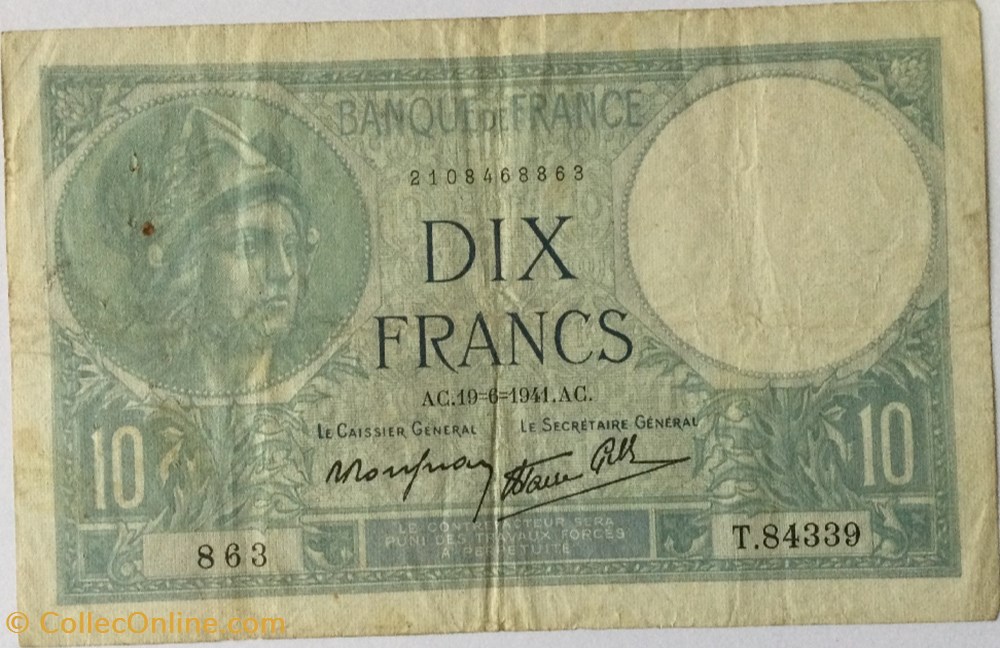 billets euros 10 francs minerve modifie france 1941 f 07 29