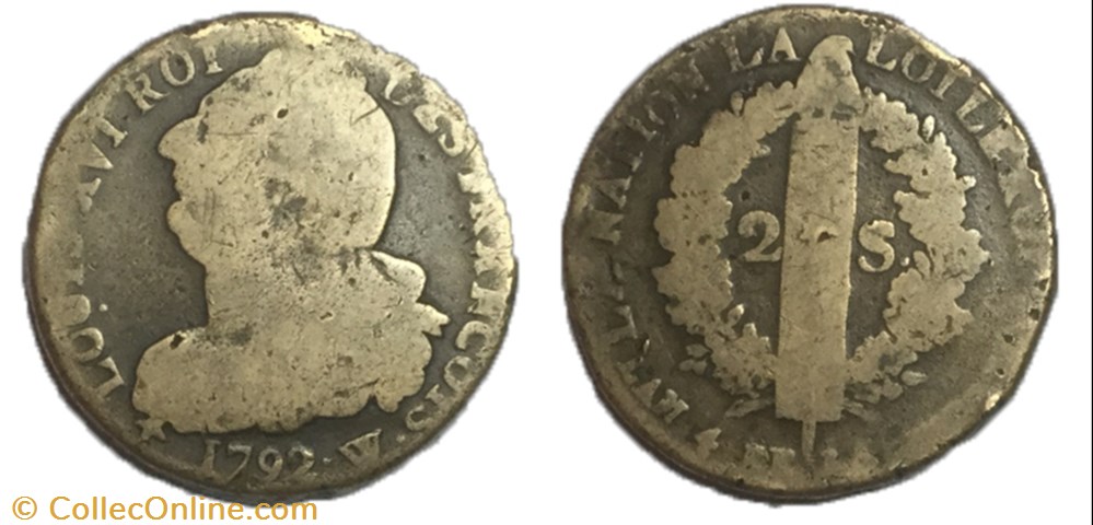2 sols dit au faisceau 1792 W. monnaie france moderne 2 sols dit au faisceau 1792 w