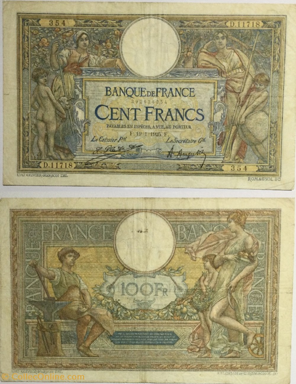 100 Francs LUC OLIVIER MERSON grands cartouches FRANCE 1925 F.24.03 billets europe 100 francs luc olivier merson grands cartouches france 1925 f 24 03