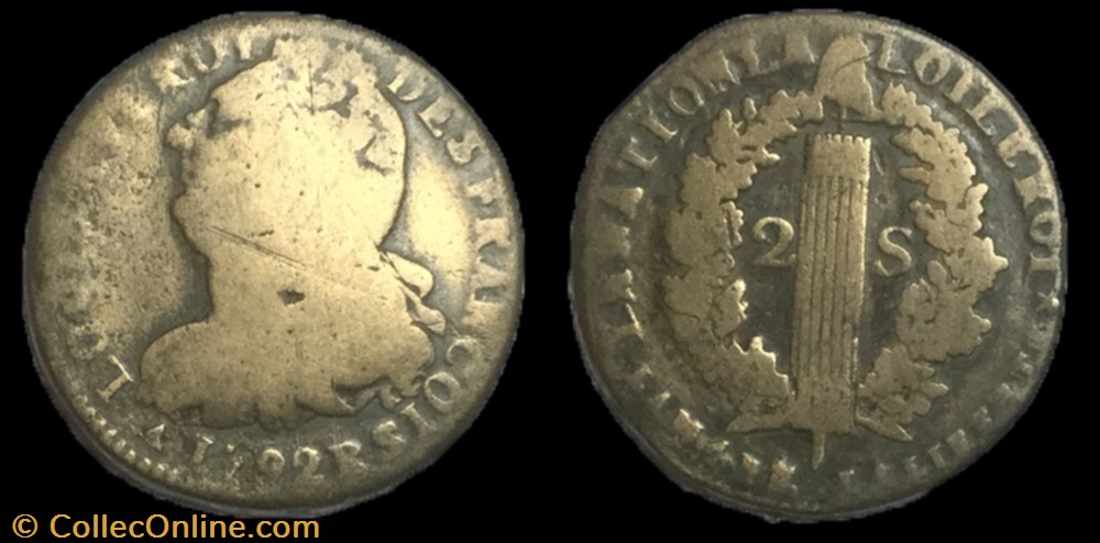 2 sols dit au faisceau 1792 R. monnaie france moderne 2 sols dit au faisceau 1792 r