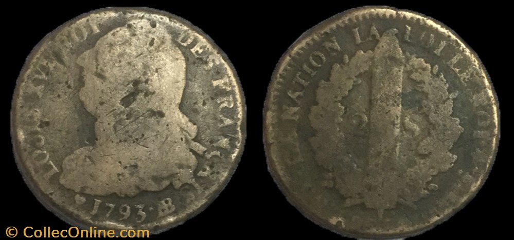 monnaie france moderne 2 sols dit au faisceau 1793 bb