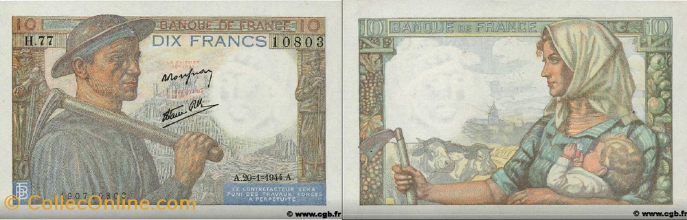 10 Francs MINEUR FRANCE 1944 F.08.11 billets europe 10 francs mineur france 1944 f 08 11