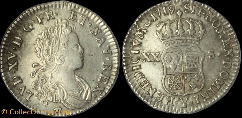 LOUIS XV DIT LE BIEN AIMÉ XX sols de Navarre 1719 Bourges monnaies europe medievale france royales louis xv dit le bien aime xx sols de navarre 1719 bourges