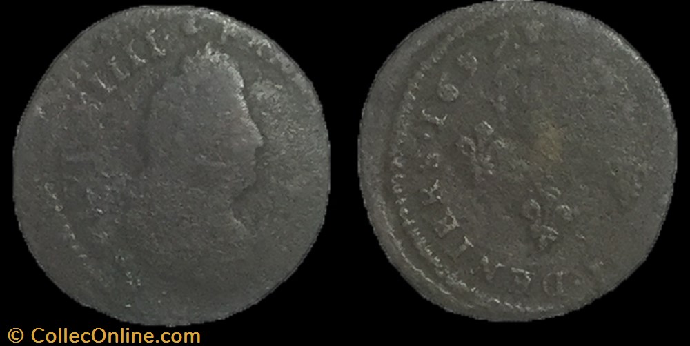 LOUIS XIV LE GRAND OU LE ROI SOLEIL IIII deux deniers 1697 Strasbourg monnaie france royale louis xiv le grand ou le roi soleil iiii deux deniers 1697 strasbourg